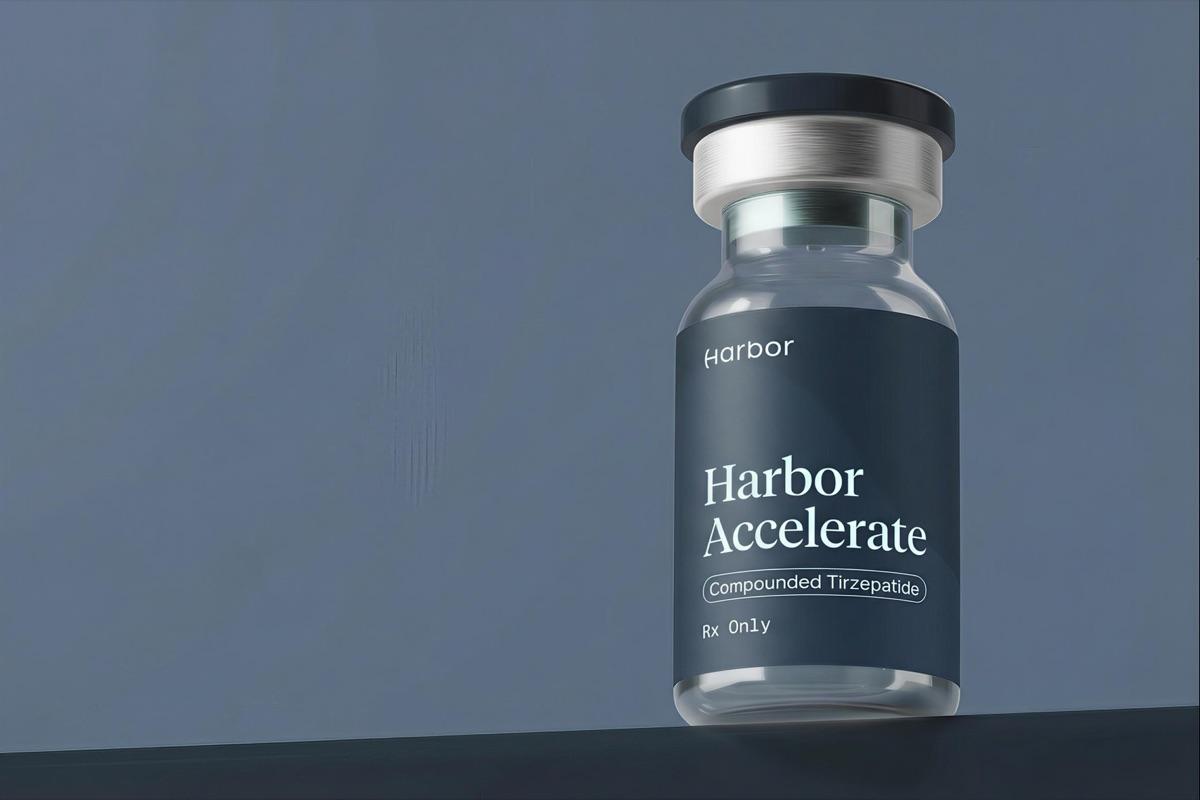 Harbor Accelerate compounded tirzepatide vial on a dark navy background