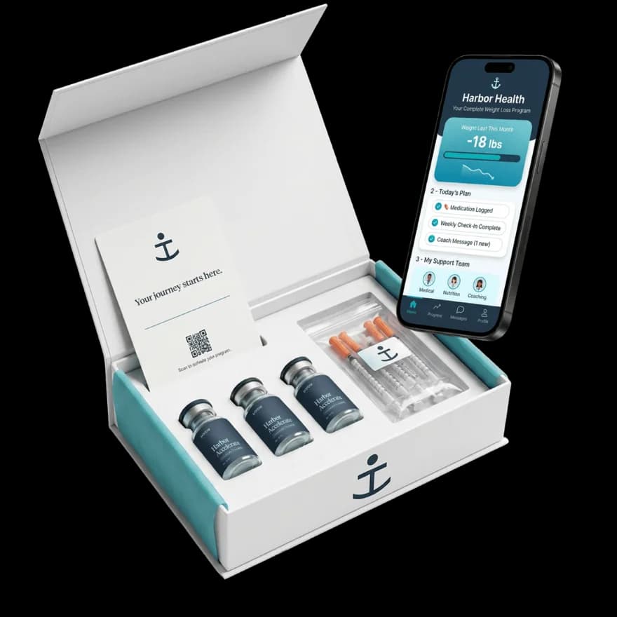 Harbor Accelerate medication kit with the Harbor Health app on a phone