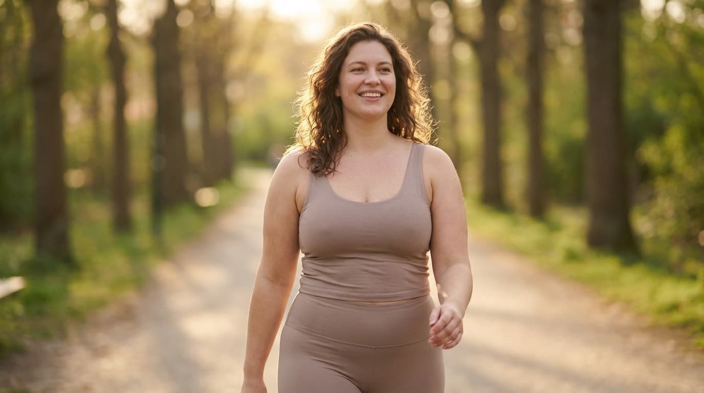 Woman walking confidently on a sunlit tree-lined path