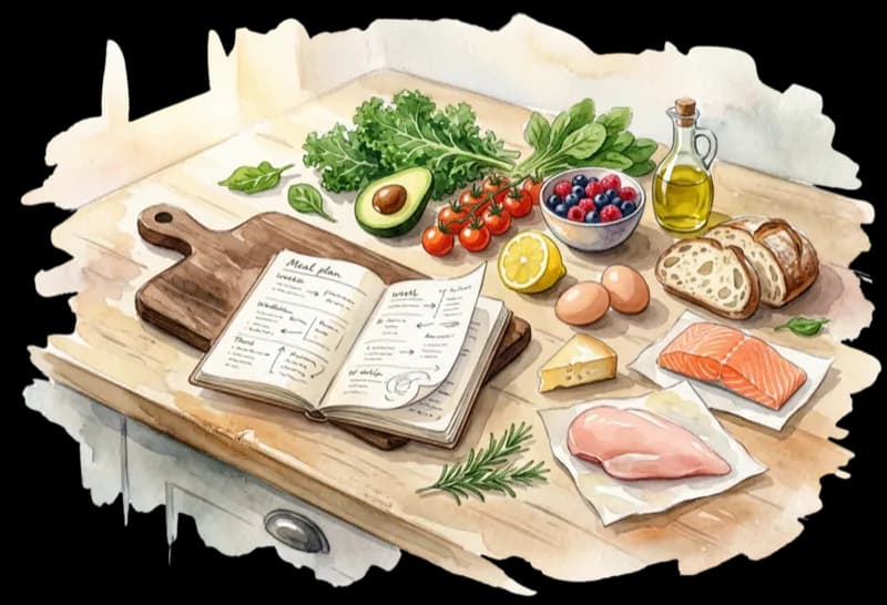 Watercolor illustration of a kitchen countertop with a meal planning journal, cutting board, and whole foods including leafy greens, salmon, chicken, eggs, berries, avocado, and olive oil