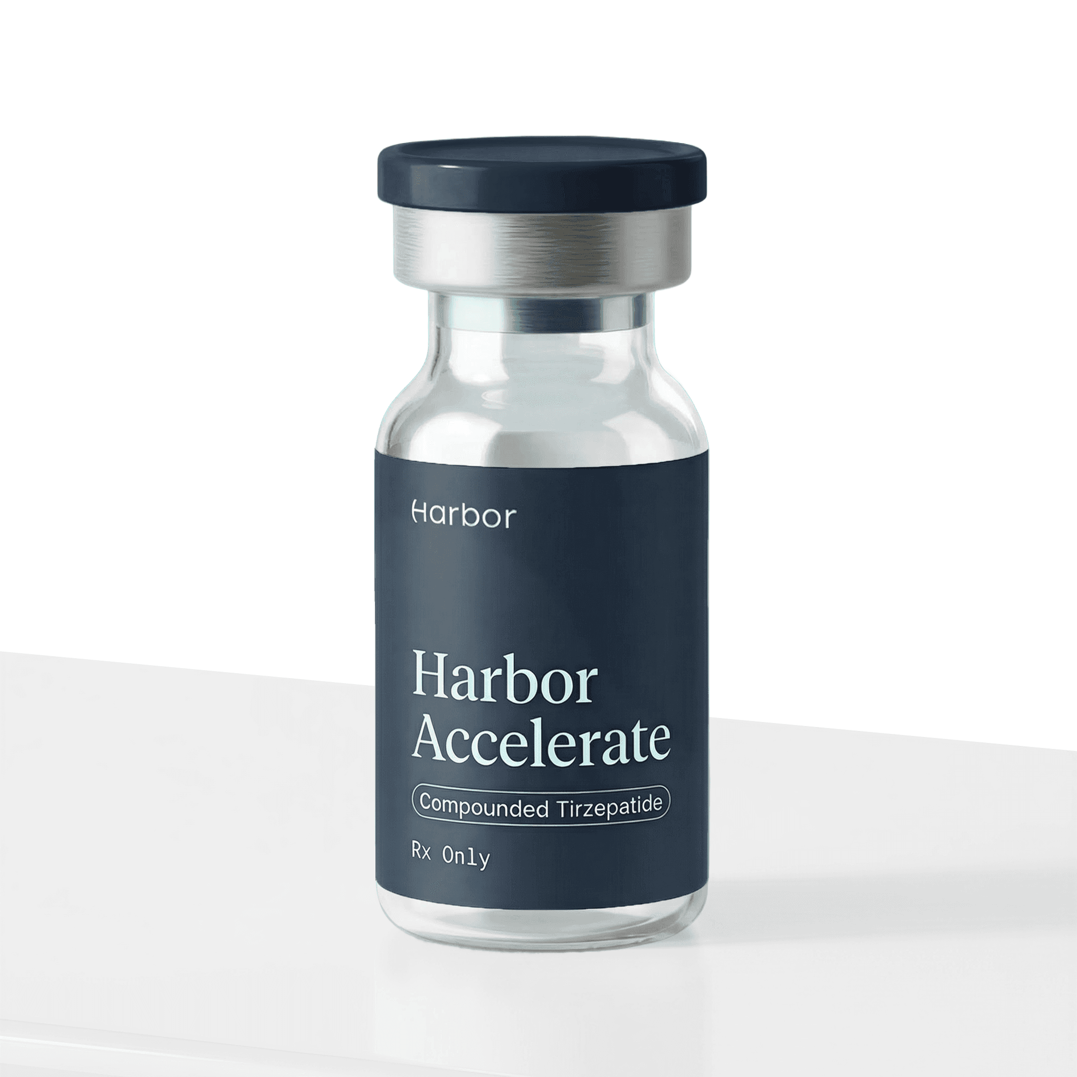Harbor Accelerate compounded tirzepatide vial on surface