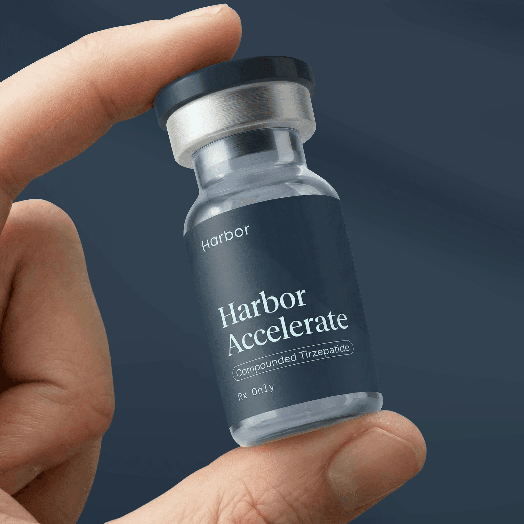 Harbor Accelerate compounded tirzepatide vial held in hand